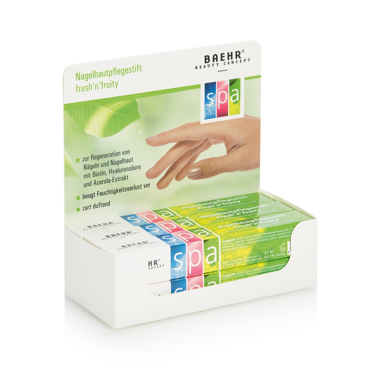 Verkaufsdisplay BAEHR BEAUTY CONCEPT - Nagelhautpflegestift freshnfruity 6 x 2,2 ml Verkaufsdisplay BAEHR BEAUTY CONCEPT - Nagelhautpflegestift freshnfruity 6 x 2,2 ml