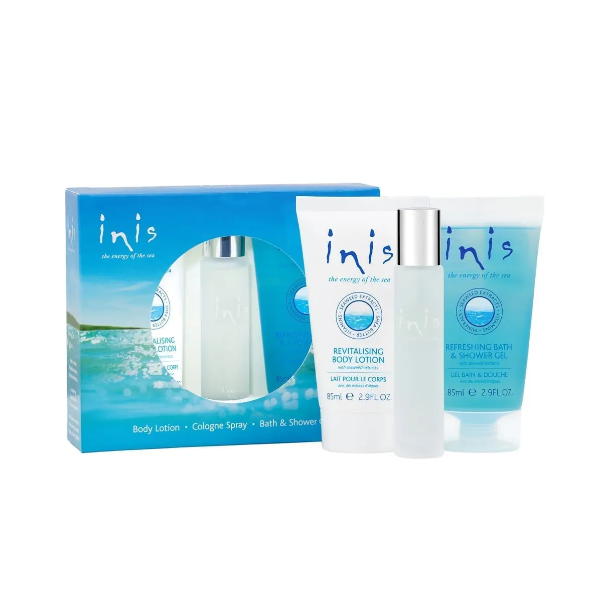 inis Trio-Geschenkset Eau de Cologne Sprühflasche 15 ml, Bodylotion 85 ml und Duschgel 85 ml