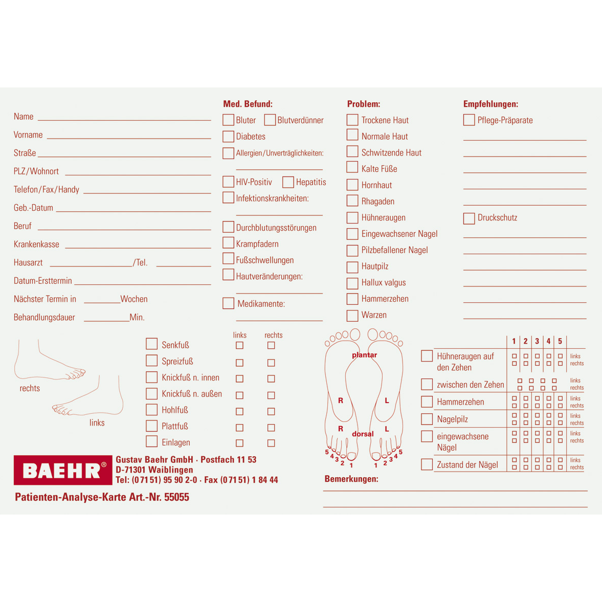 Patienten-Analyse-Karten Fußpflege 100 Stück