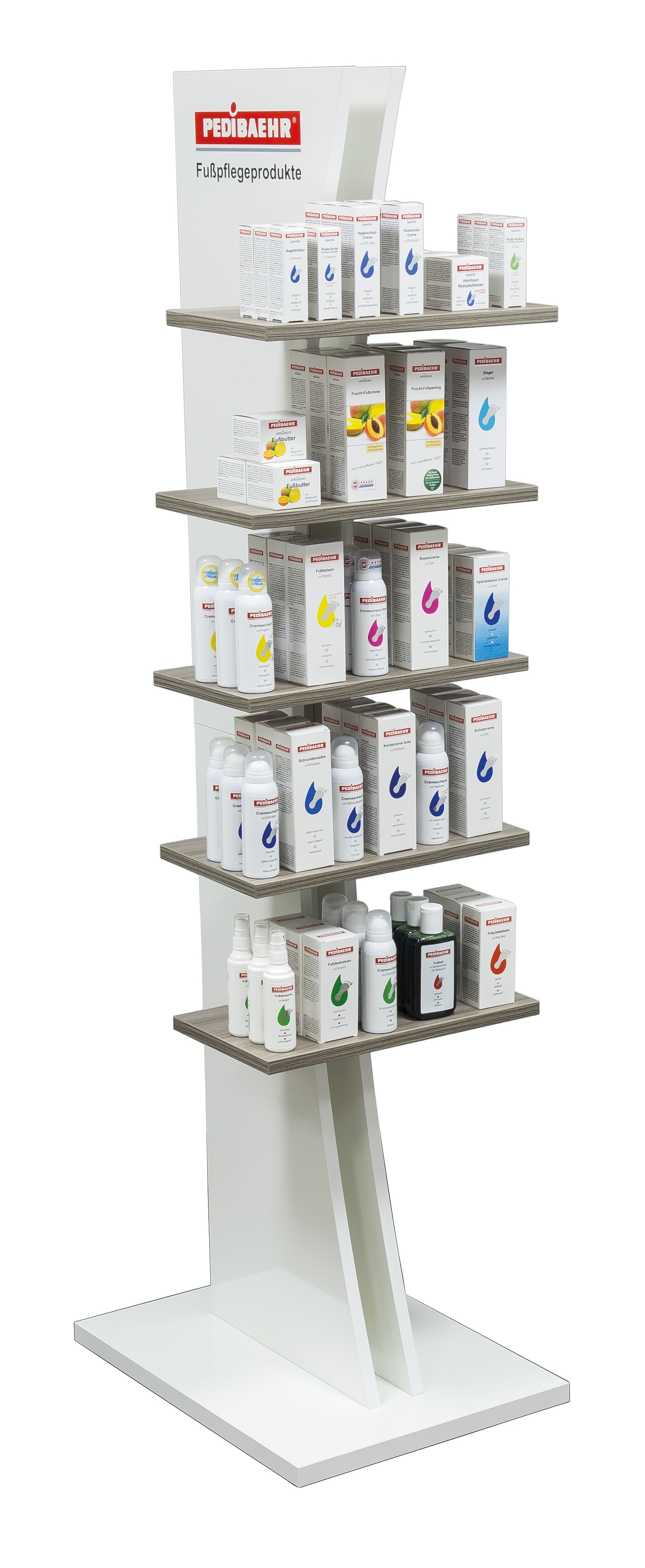 PEDIBAEHR - Bodendisplay mit Holzdekor-Regalböden ohne Inhalt PEDIBAEHR - Bodendisplay mit Holzdekor-Regalböden ohne Inhalt