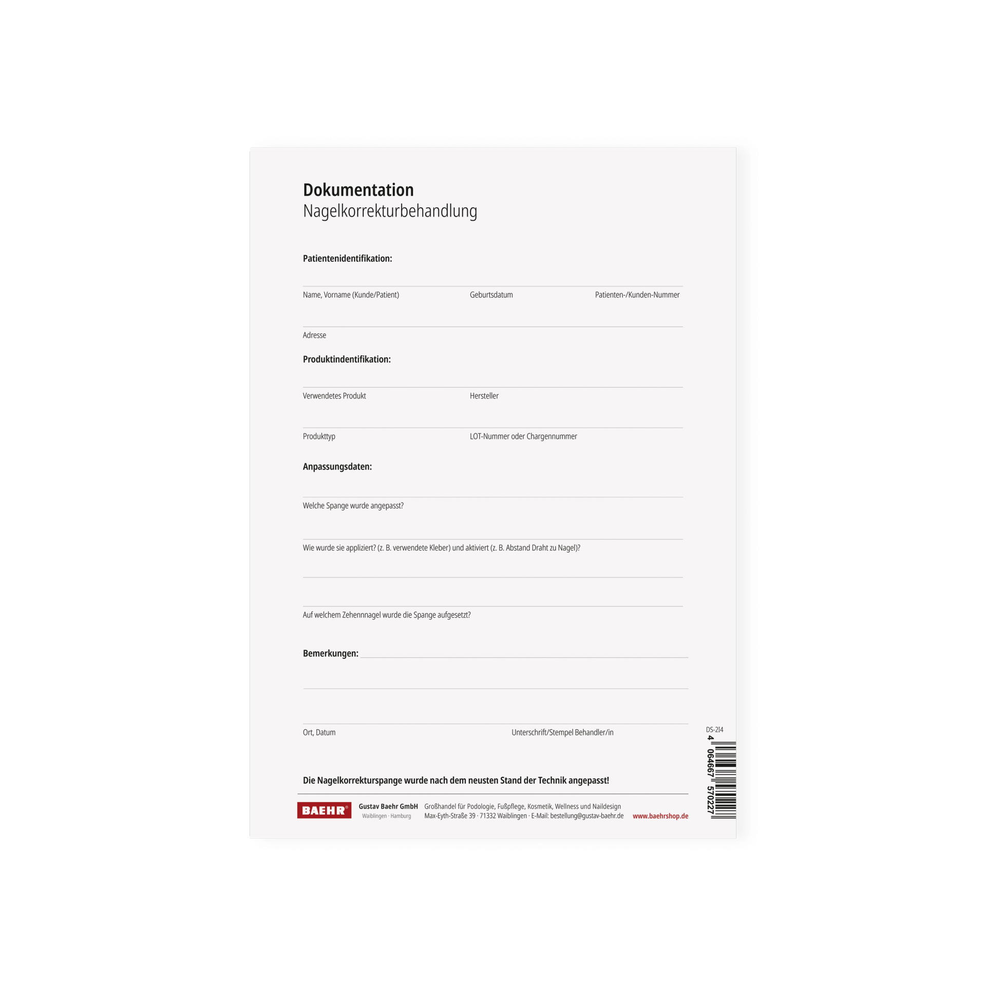 BAEHR Dokumentationsbogen DIN A 5 zur Nagelkorrekturbehandlung