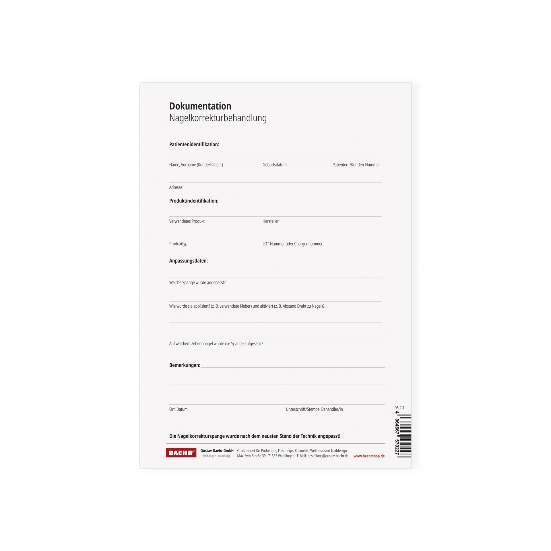 BAEHR Dokumentationsbogen DIN A 5 zur Nagelkorrekturbehandlung BAEHR Dokumentationsbogen DIN A 5 zur Nagelkorrekturbehandlung