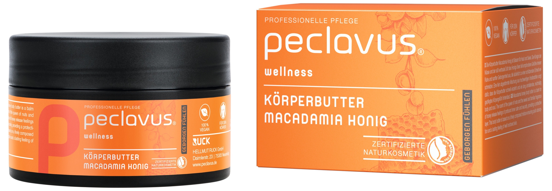 PECLAVUS Körperbutter Macadamia Honig 250 ml | Geborgen fühlen