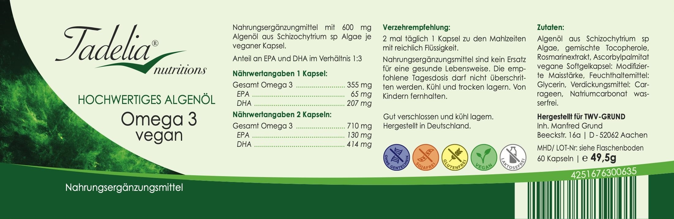 Tadelia®  Omega 3 vegan hochwertiges Algenöl 60 Kapseln | 49,5 g Kopie
