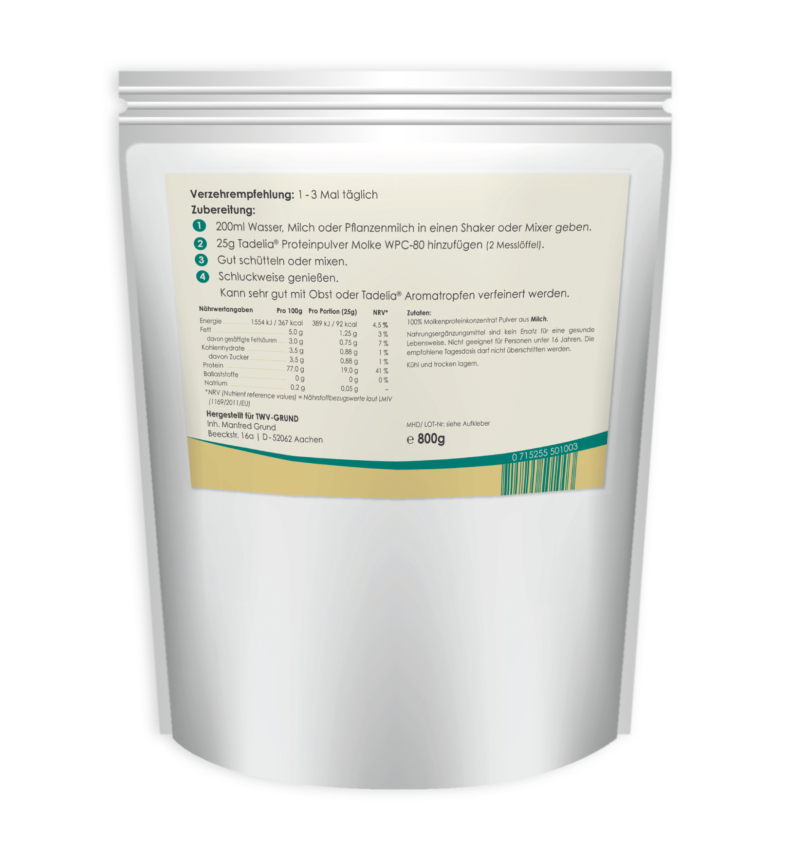 Tadelia® Proteinpulver Molke WPC 80 - 800 g | HCG Stoffwechselkur