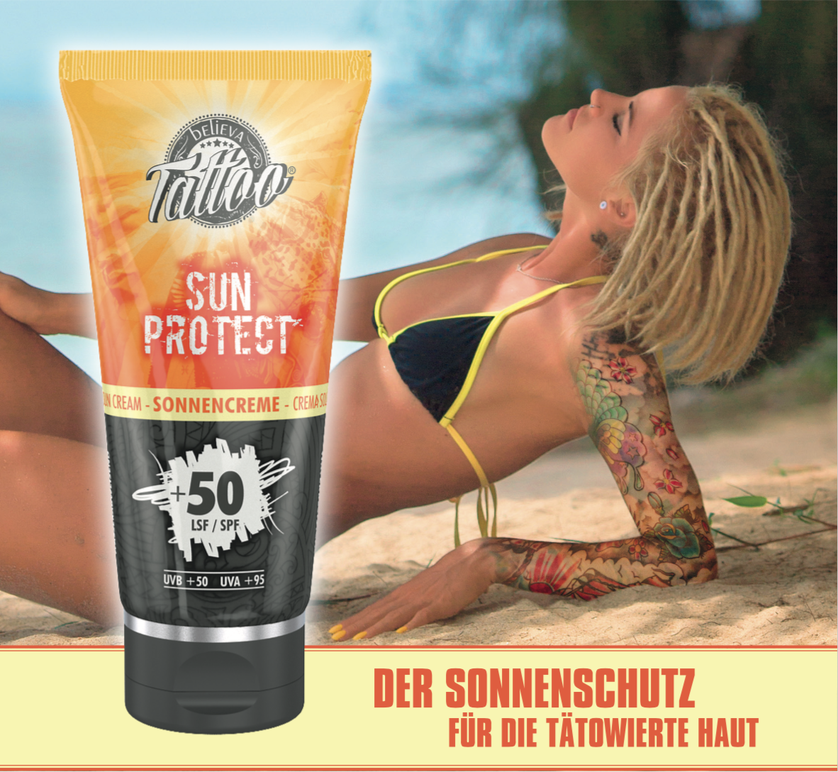 Believa Tattoo SunProtect Sonnencreme UVA +95 UVB +50 LSF/ SPF | 100 ml Believa Tattoo SunProtect Sonnencreme UVA +95 UVB +50 LSF/ SPF | 100 ml