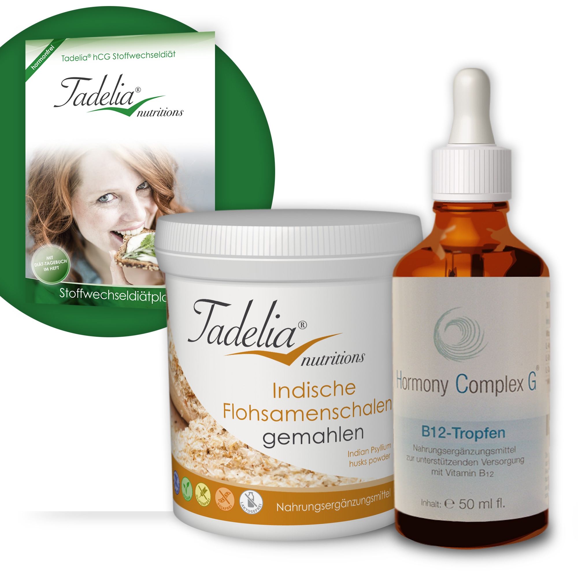 Tadelia® Indische Flohsamenschalen gemahlen mit Tadelia hCG Stoffwechseldiätplan + Hormony Complex G B12 Tropfen