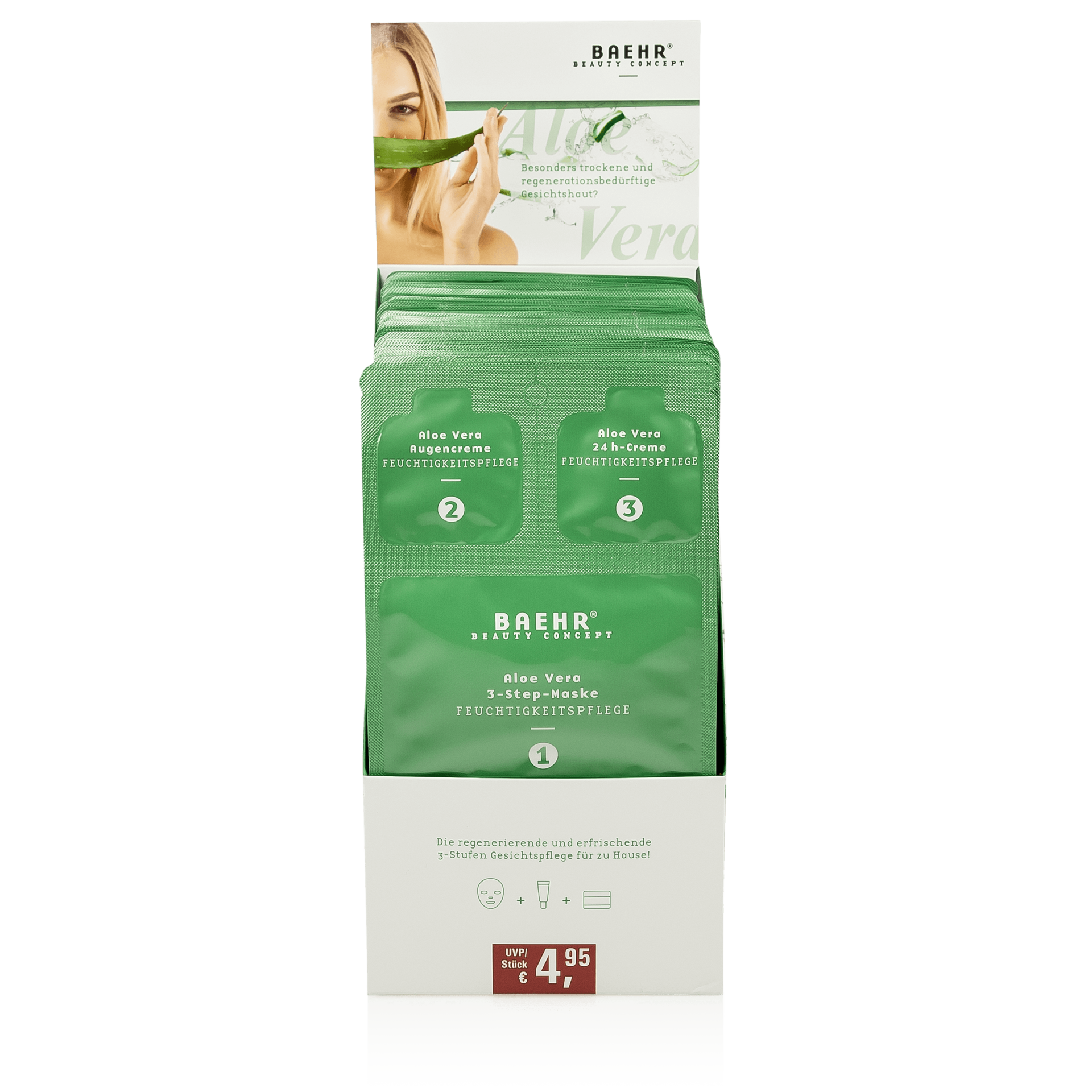 BAEHR BEAUTY CONCEPT Aloe Vera 3-Step-Maske, Sachet Thekenaufsteller mit 50 Stk