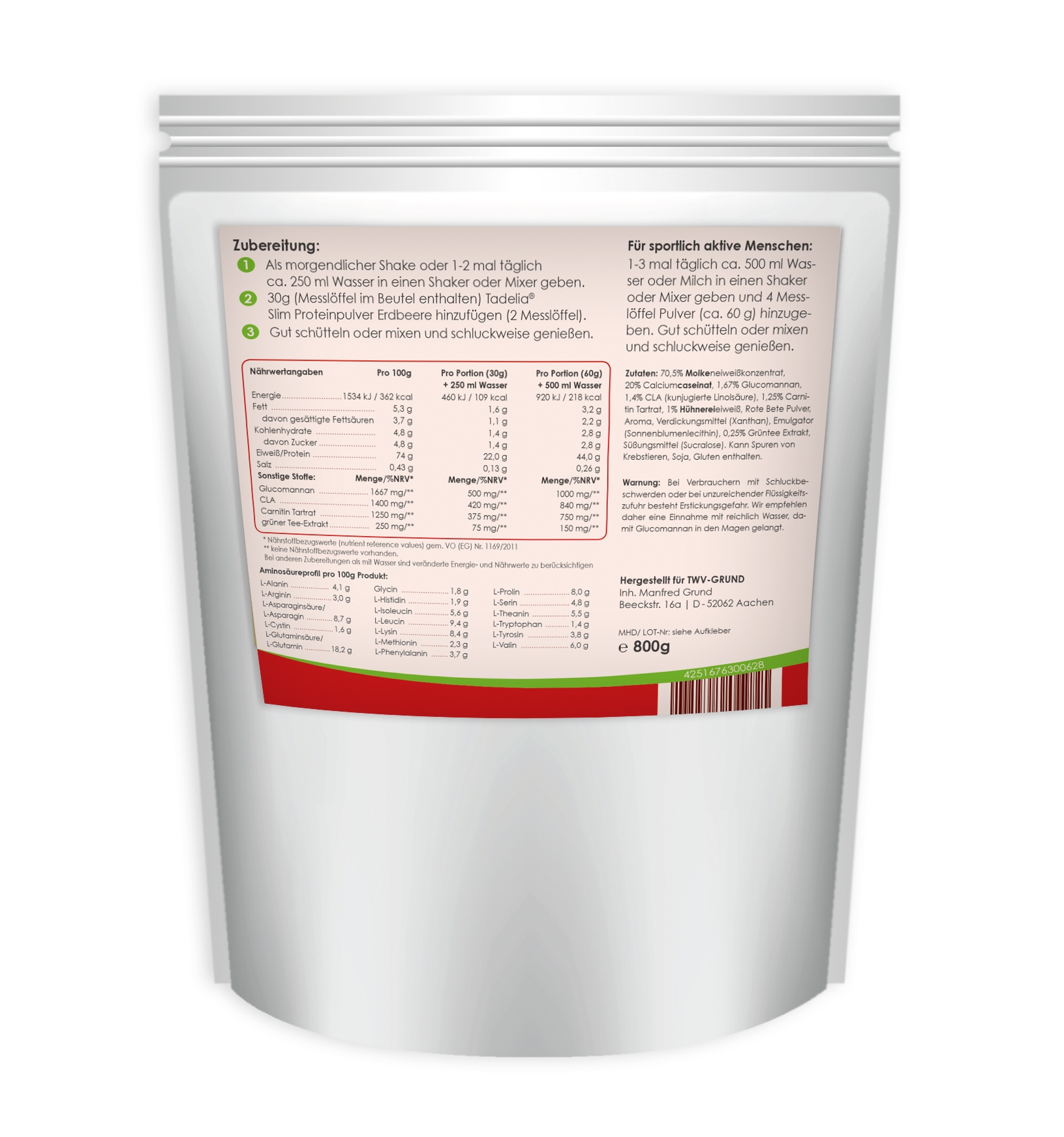Tadelia® Slim Proteinpulver Erdbeere 800 g | hCG Stoffwechselkur
