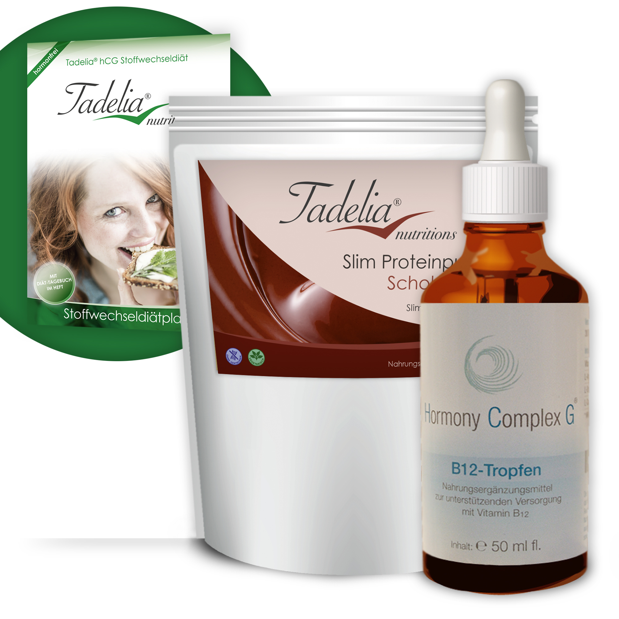 Tadelia® Slim Proteinpulver Schoko mit Tadelia hCG Stoffwechseldiätplan + Hormony Complex G B12 Tropfen