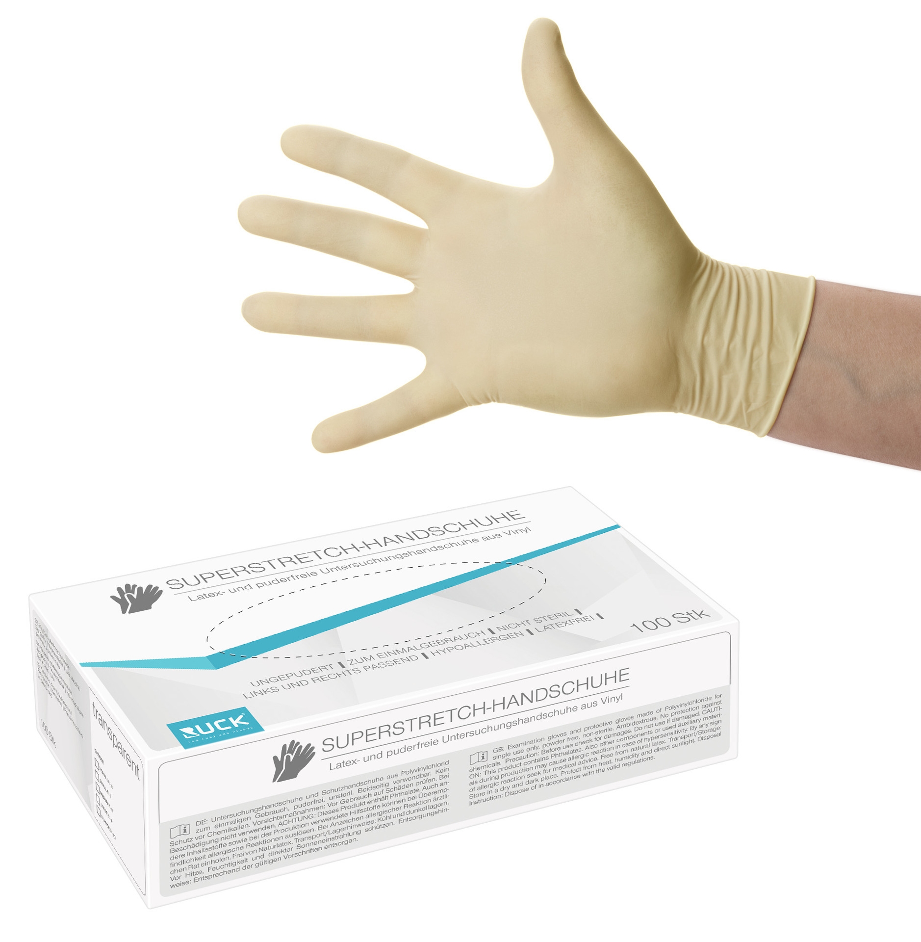 RUCK Venyl-Superstretch-Einmalhandschuhe ungepudert | L groß 100 Stück RUCK Venyl-Superstretch-Einmalhandschuhe ungepudert | L groß 100 Stück