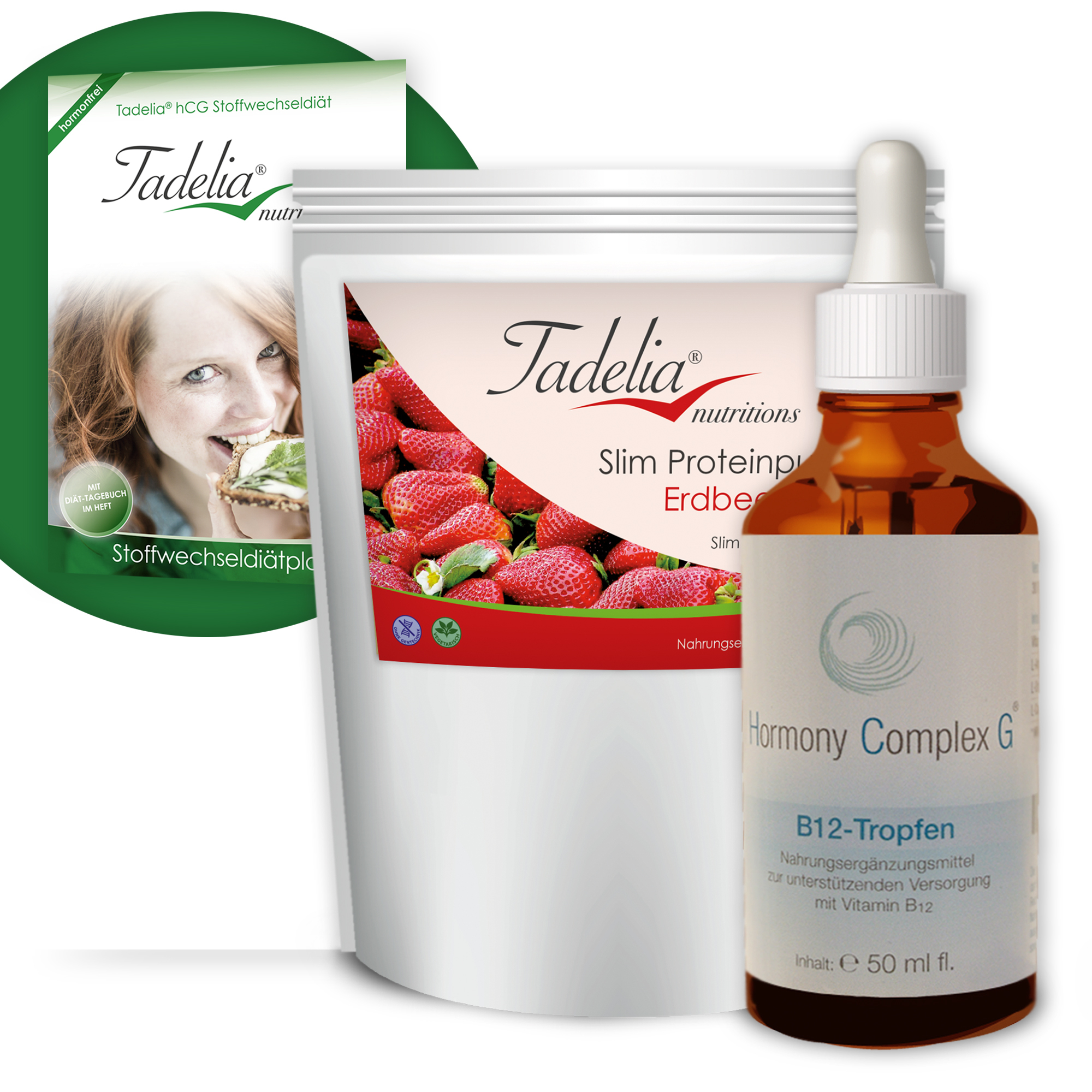Tadelia® Slim Proteinpulver Erdbeere mit Tadelia hCG Stoffwechseldiätplan + Hormony Complex G B12 Tropfen