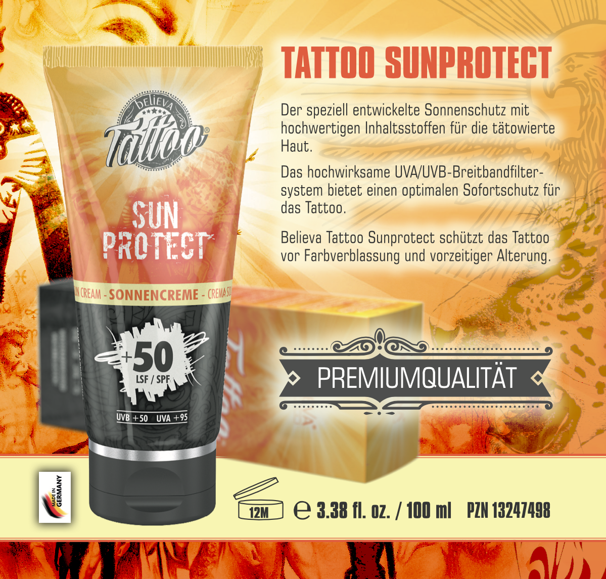 Believa Tattoo SunProtect Sonnencreme UVA +95 UVB +50 LSF/ SPF | 100 ml