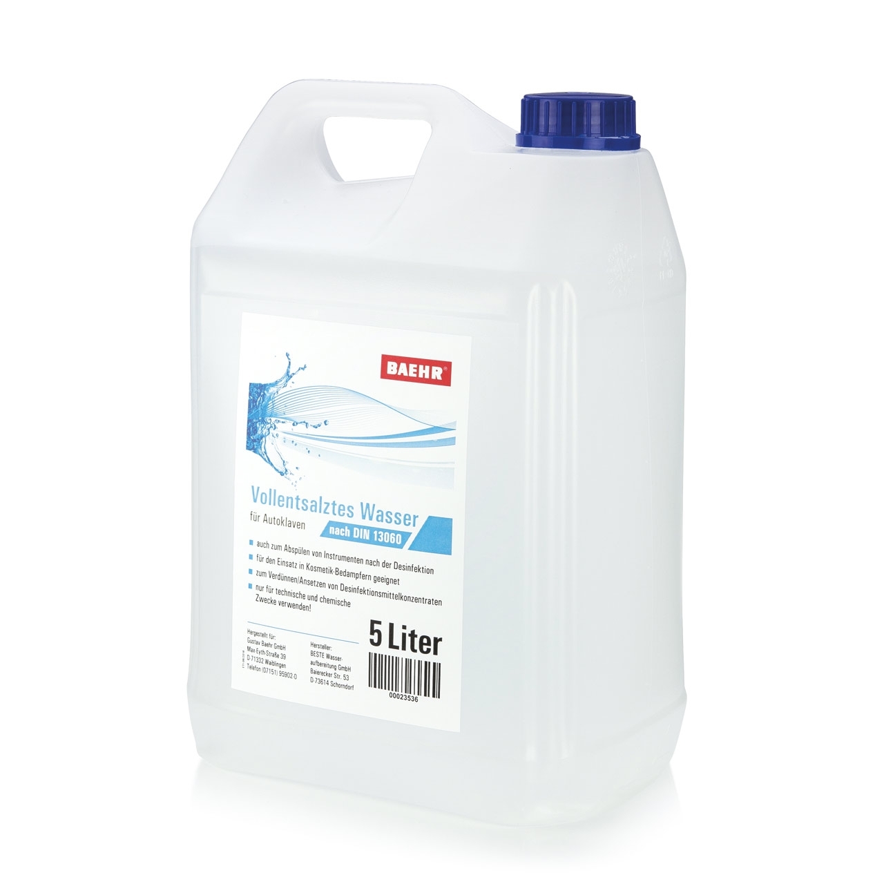 BAEHR Vollentsalztes Wasser nach DIN 13060 für Autoklaven, 5000 ml BAEHR Vollentsalztes Wasser nach DIN 13060 für Autoklaven, 5000 ml