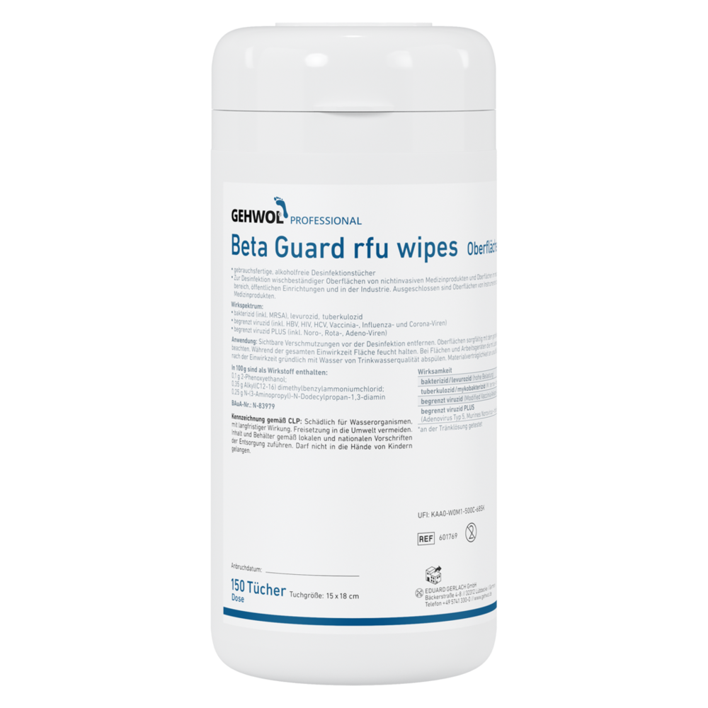 GEHWOL PROFESSIONAL alkoholische Flächendesinfektionstücher Beta Guard rfu Wipes 150er Dose