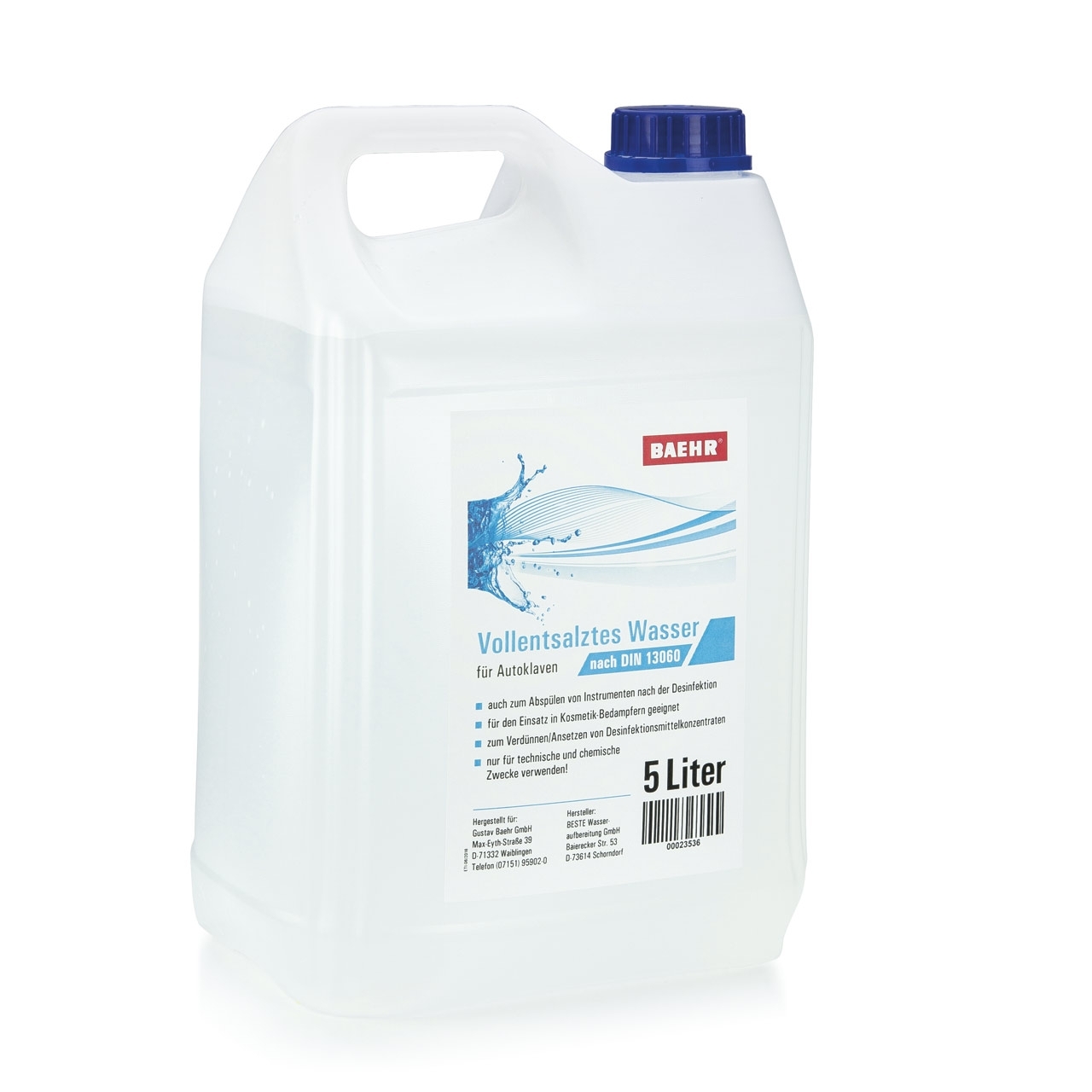 BAEHR Vollentsalztes Wasser nach DIN 13060 für Autoklaven, 5000 ml