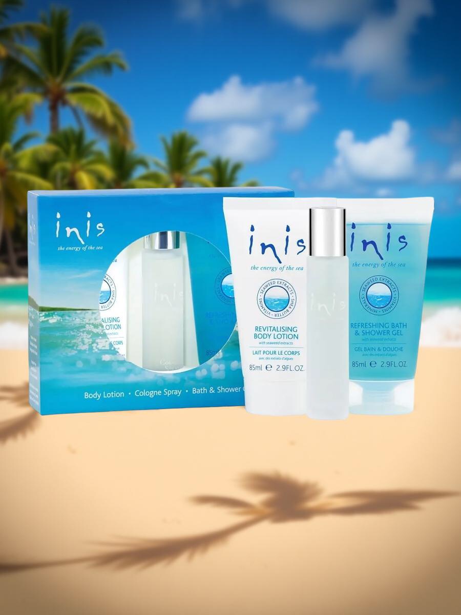 Inis Trio-Geschenkset Eau de Cologne Sprühflasche 15 ml, Bodylotion 85 ml und Duschgel 85 ml