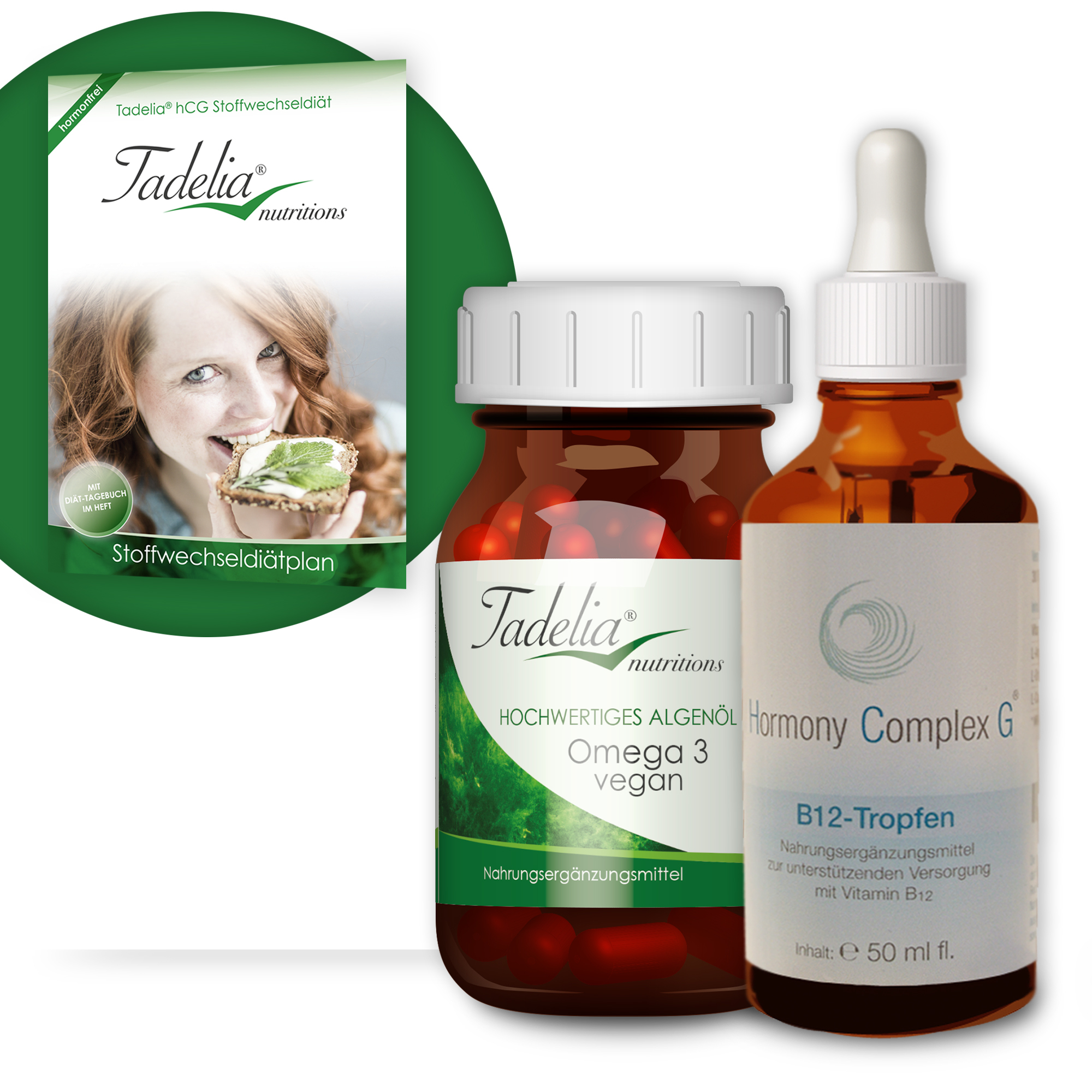Tadelia® Omega 3 vegan mit Tadelia hCG Stoffwechseldiätplan + Hormony Complex G B12 Tropfen Tadelia® Omega 3 vegan mit Tadelia hCG Stoffwechseldiätplan + Hormony Complex G B12 Tropfen