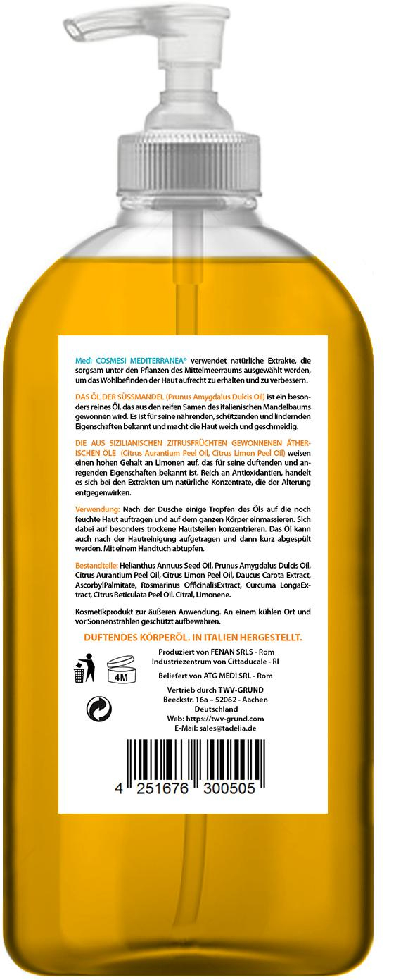 Tadelia® Mandel Körperöl mit ätherischen Ölen von sizilianischen Zitrusfrüchten 250 ml | Vegan