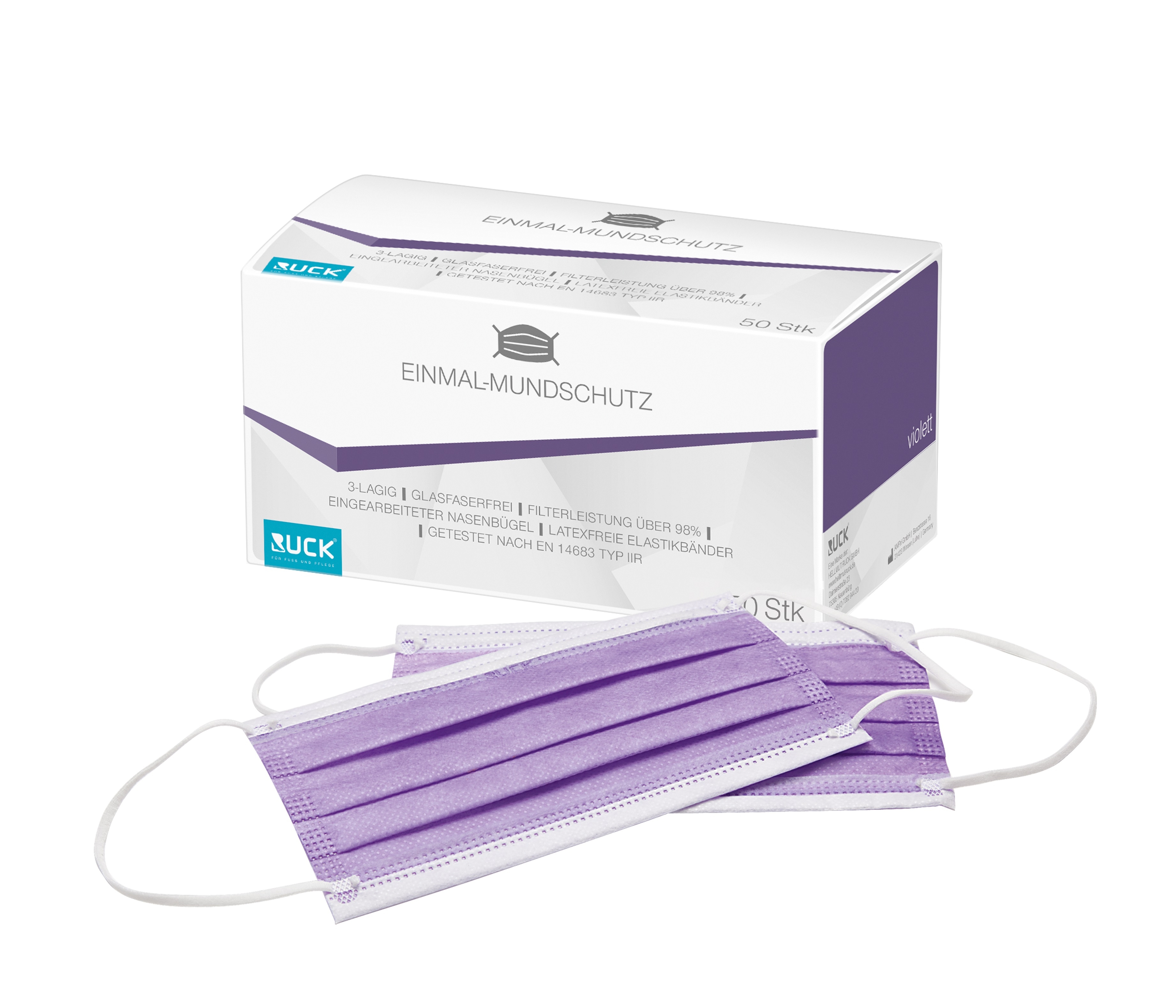 RUCK Einmal-Mundschutz violett | 3-lagig EN 14683 Typ II R 50 Stück RUCK Einmal-Mundschutz violett | 3-lagig EN 14683 Typ II R 50 Stück