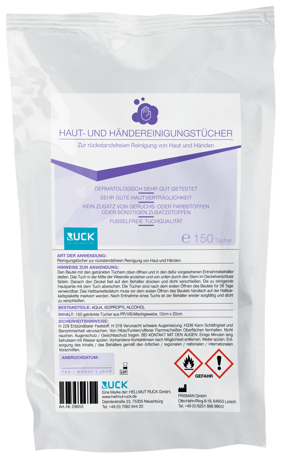 RUCK Haut- und Händereinigungstücher antimikrobiell | Nachfüllbeutel mit 150 Stück