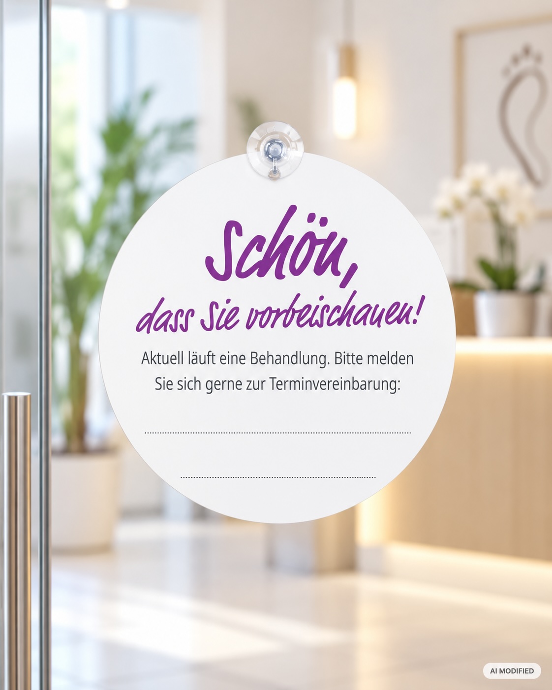 Türschild "Ich bin in einer Behandlung" 30 x 30 cm, rund mit Saugnapf