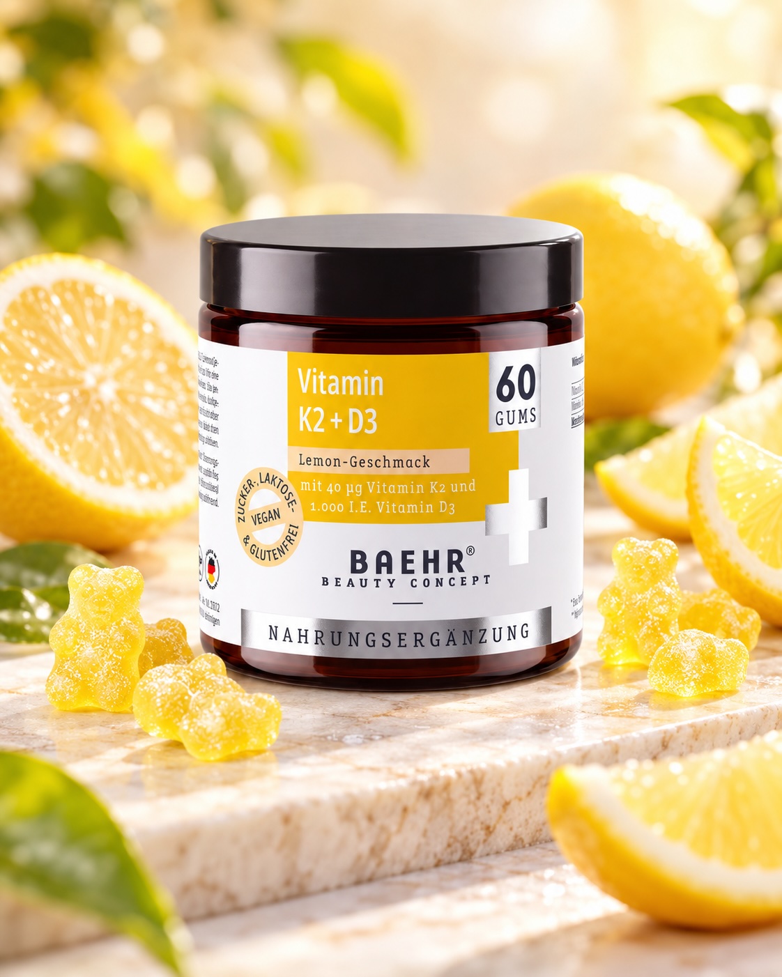 BAEHR Vitamin K2+D3 Gums mit 40 µg Vitamin K2 und 1000 I.E. Vitamin D3, Lemon-Geschmack